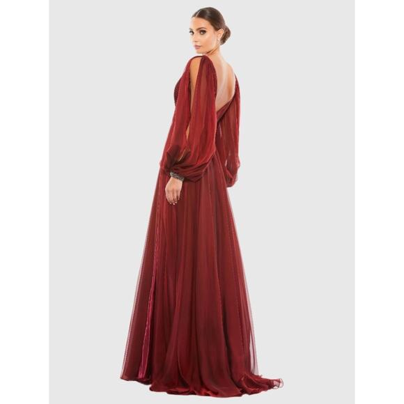 Mac Duggal Red Chiffon Open Sleeve A Line Gown Garnet Size 14 NWT 67414 Romantic - Picture 10 of 16